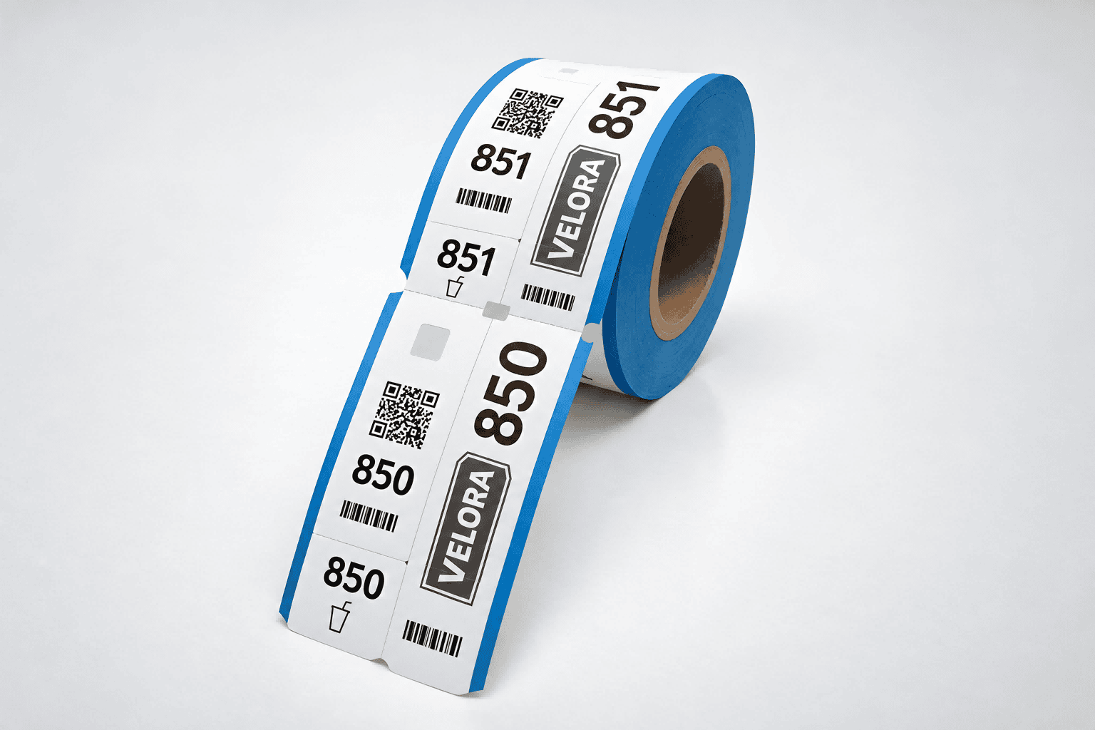 Blue multipart ticket roll with matching numbers repeated on detachable sections
