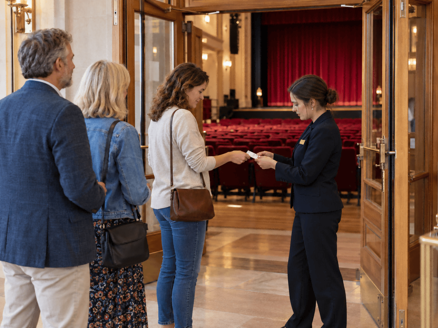 Theatre staff checking a visitor's paper admission ticket at the auditorium entrance