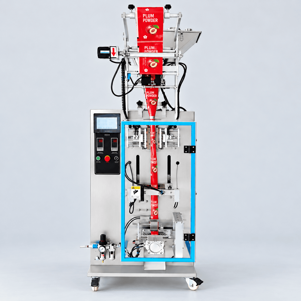 Vertical powder packaging machine with red printed plum powder film passing through the forming and sealing sections