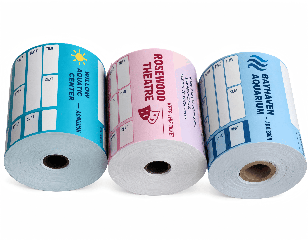 Three coloured admission ticket rolls with blank fields for date, time and seat details