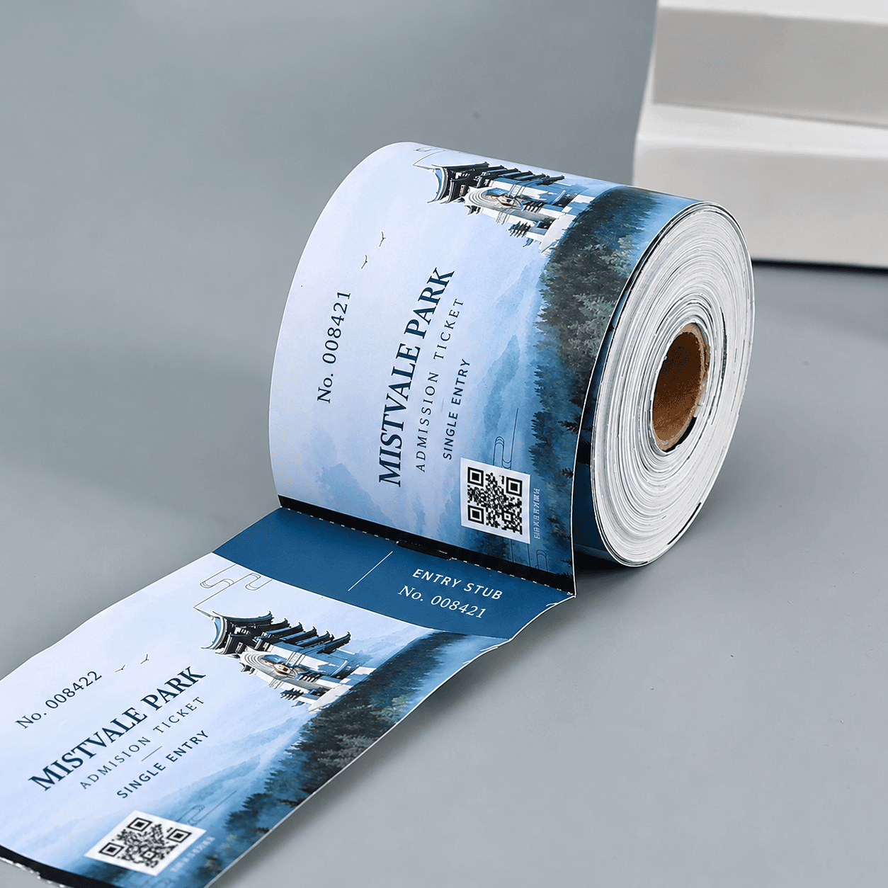 Preprinted attraction admission ticket roll with numbered tear-off stubs