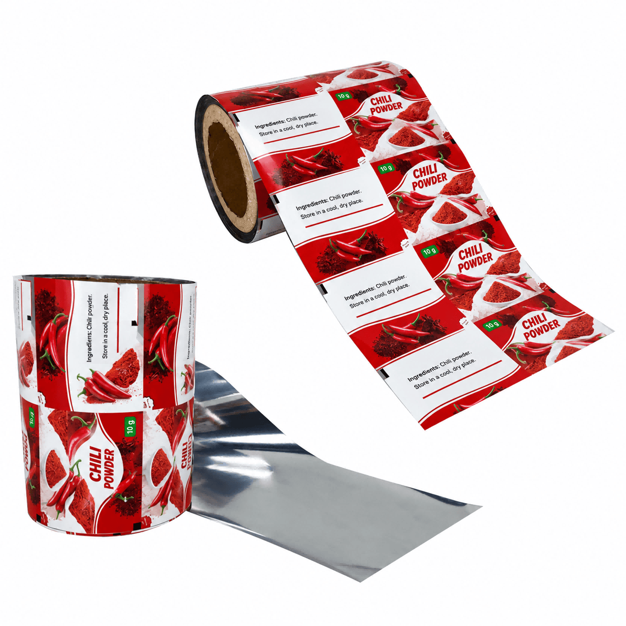 Two rolls of red chili powder packaging film showing the printed design and a silver-coloured inner surface